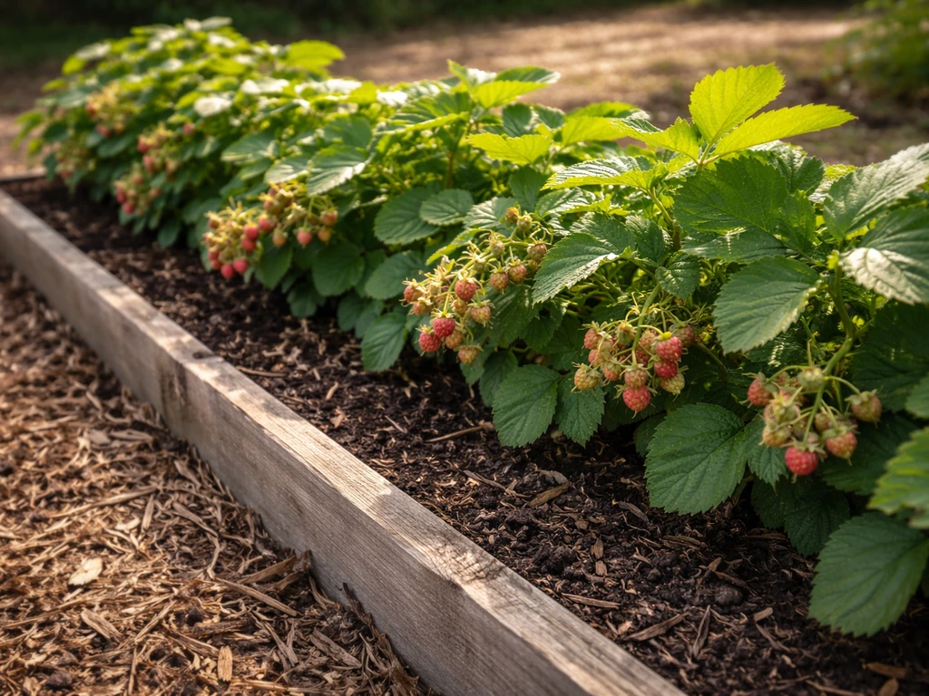 Close-up of berry plants with ripening fruit in a neat garden bed under natural light