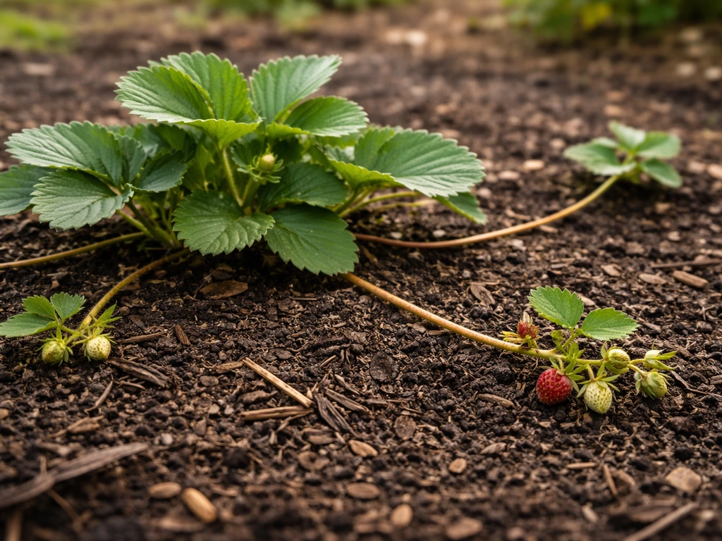 Close-up of a strawberry plant with trailing runners over moist soil and small berries.