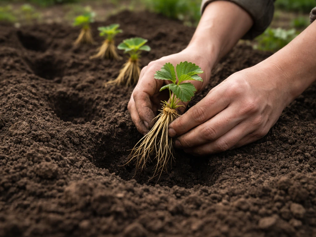 Hands planting bare-root strawberry crowns into dark soil in early spring garden bed