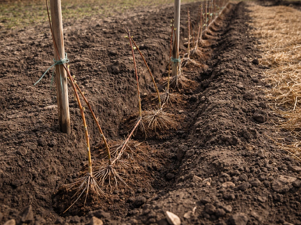 Freshly planted bare-root raspberry and blackberry canes in a trench row with simple support posts