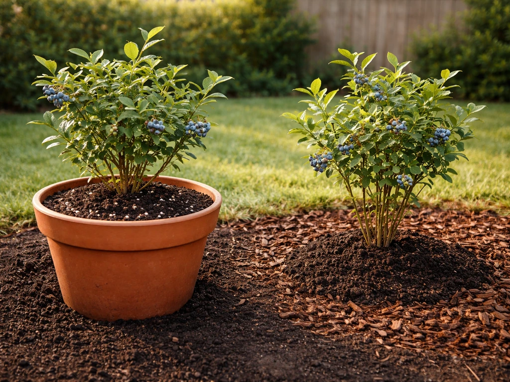 Blueberry plants side-by-side: one in a container potting mix, one in an in-ground hole, showing different rooting setup