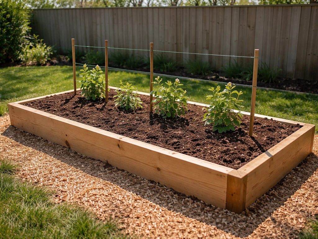 Boysenberry planting bed in full sun with well-prepared soil and mulch, ready for planting.