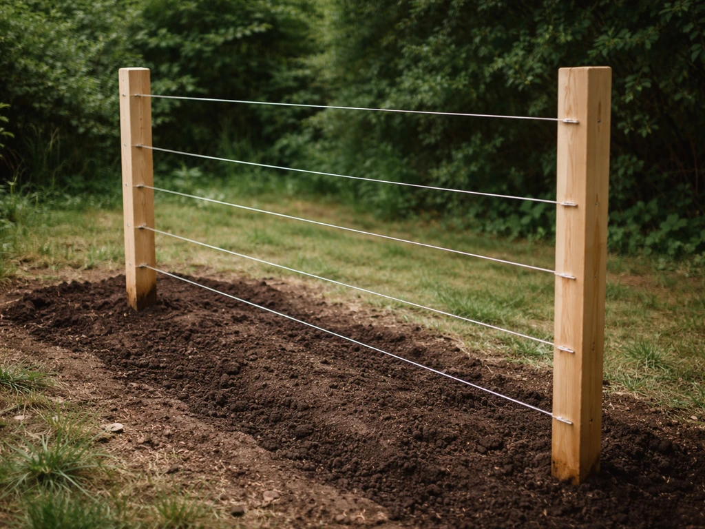 Sturdy trellis posts in the ground with horizontal wire lines for boysenberries, minimal garden setting.