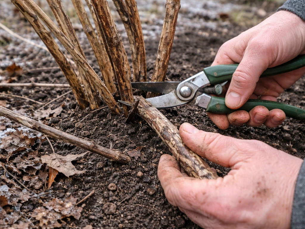 Close-up of dormant berry canes on soil as gardener prunes with pruners and bare hands.