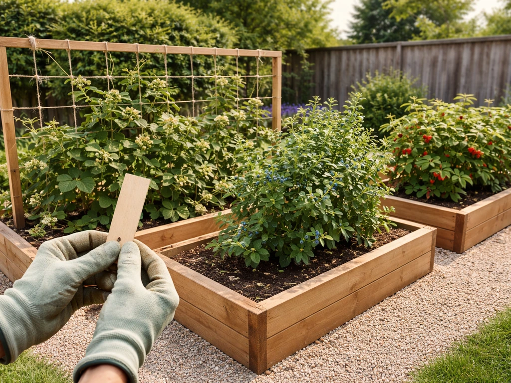 Gardener comparing berry plants in raised beds, with different berry varieties growing under trellis in sunlight.