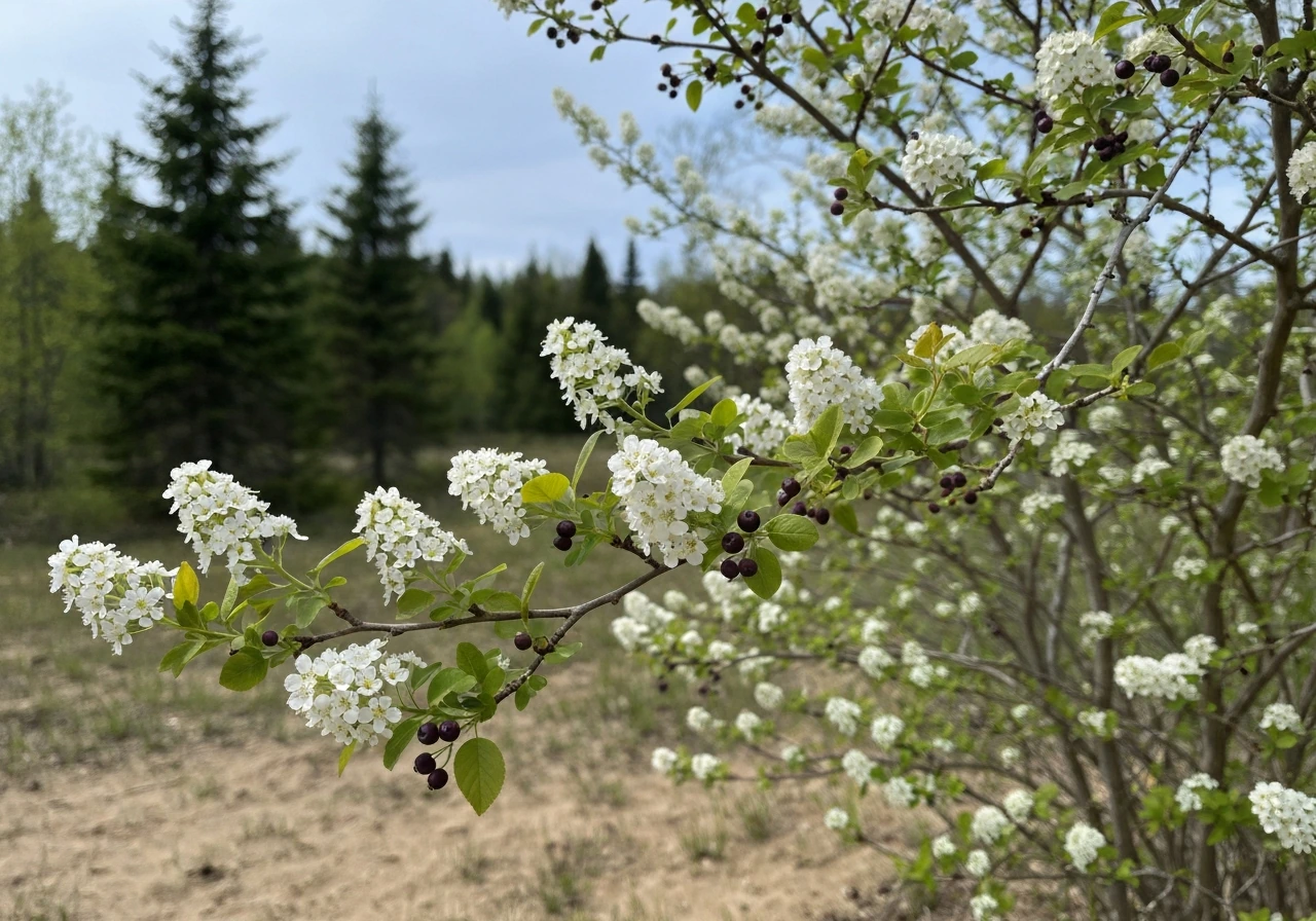 Sunlit juneberry shrub in early bloom with small berries, set in a cool northern woodland landscape.