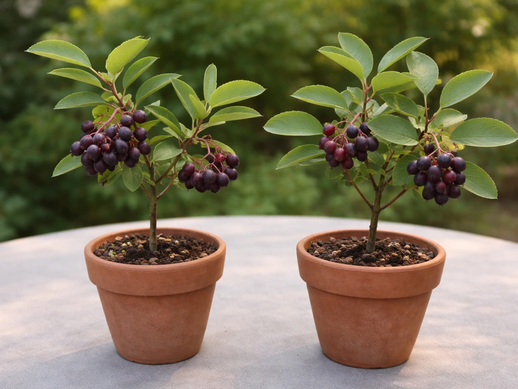 Two branches side by side: juneberry and serviceberry/shadbush leaves with clusters of berries