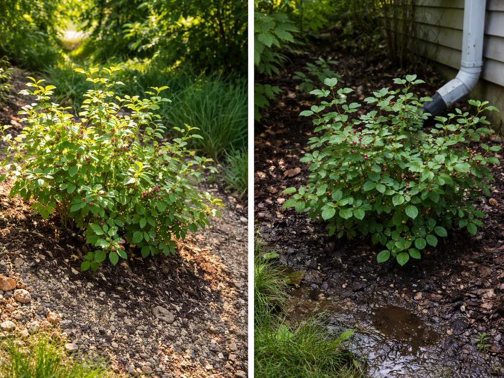 Split garden view: juneberry shrubs in sunny slope soil versus a dark, soggy shaded patch with damp ground.