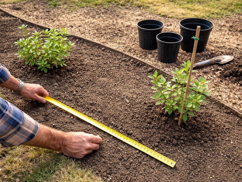 Gardener measuring spacing between small juneberry shrubs in a simple yard bed with containers nearby.