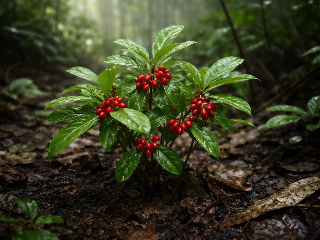 Synsepalum dulcificum shrub in a dark West African forest understory with small red berries