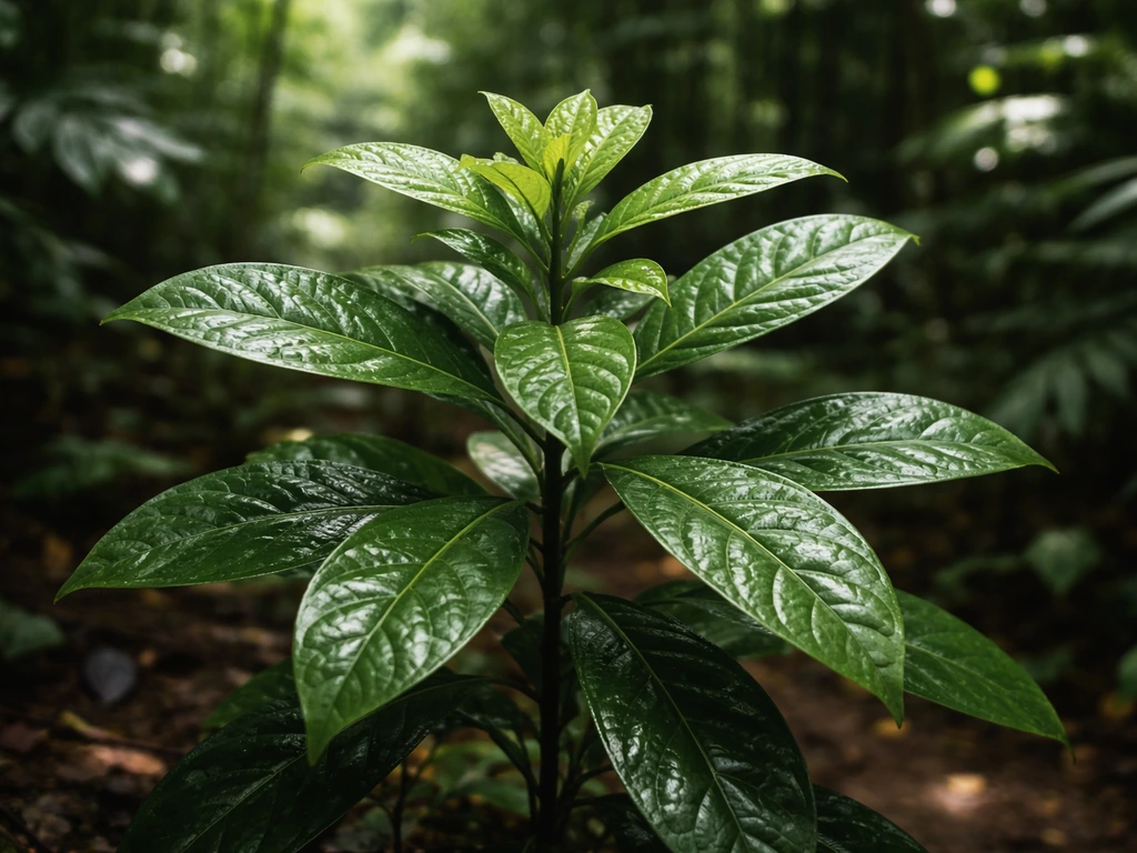 Close-up of a miracle berry plant in bright filtered shade with lush green leaves