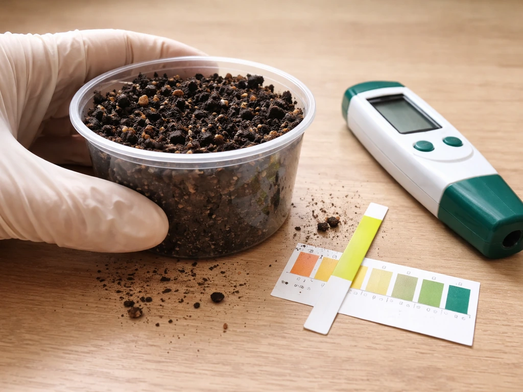 Close-up of a container filled with dark acidic soil beside a pH test strip showing the target range