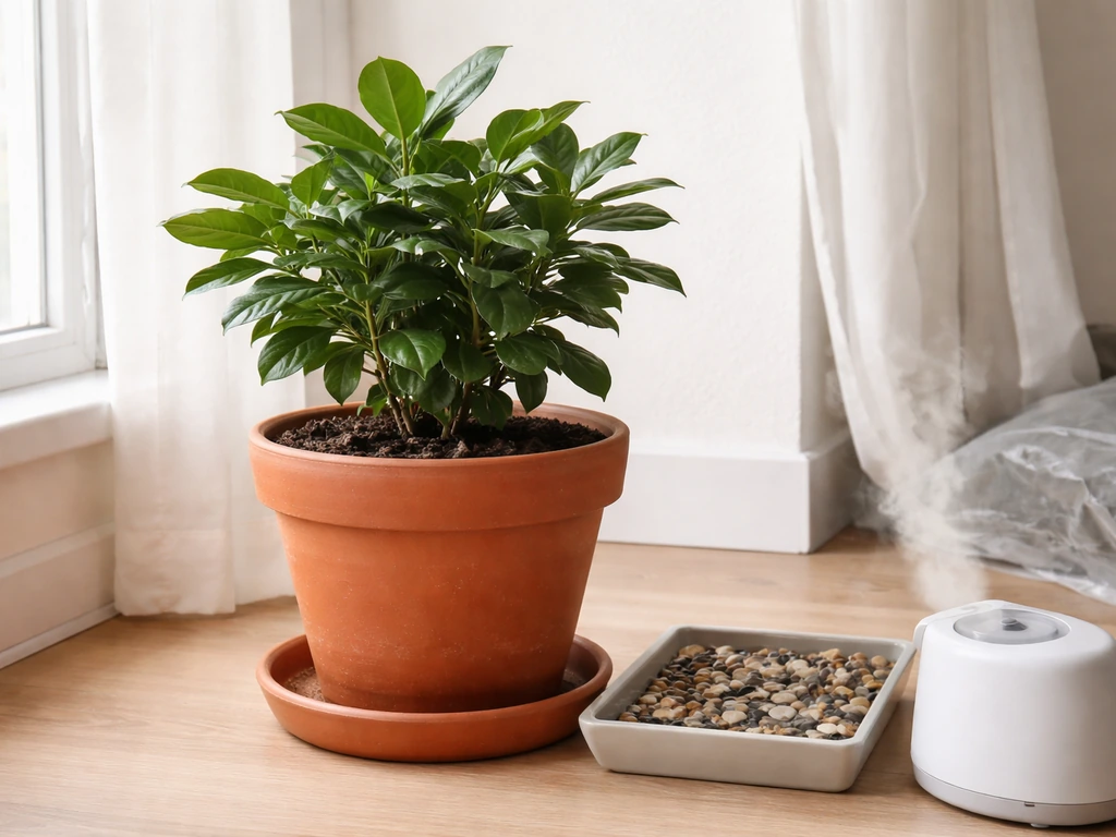 Miracle berry plant in a large pot indoors near a humidity tray and small humidifier under indirect light