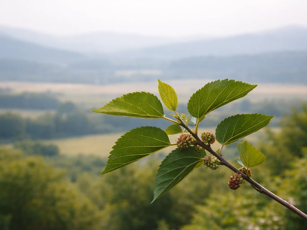 Close-up mulberry leaves in a sunlit landscape with distant rolling hills suggesting US regions