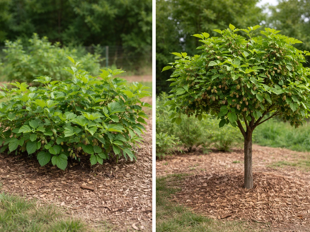 Two mulberry plants side by side: one bushy and low, the other trained into a small tree form.