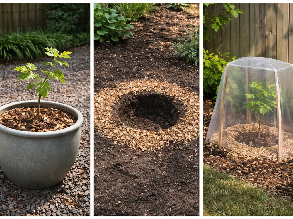 Three simple mulberry planting setups: container, in-ground, and a young tree under clear cover.