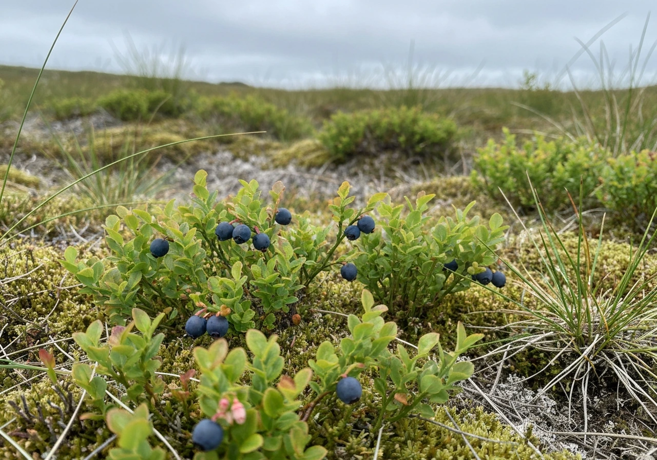 Low bilberry shrubs growing in peaty moorland soil with moss and heath grasses.