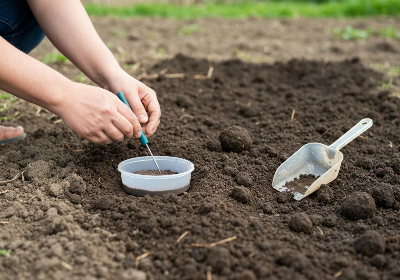 Hands using a soil pH test kit on freshly dug, dark garden soil with a small sample container nearby.