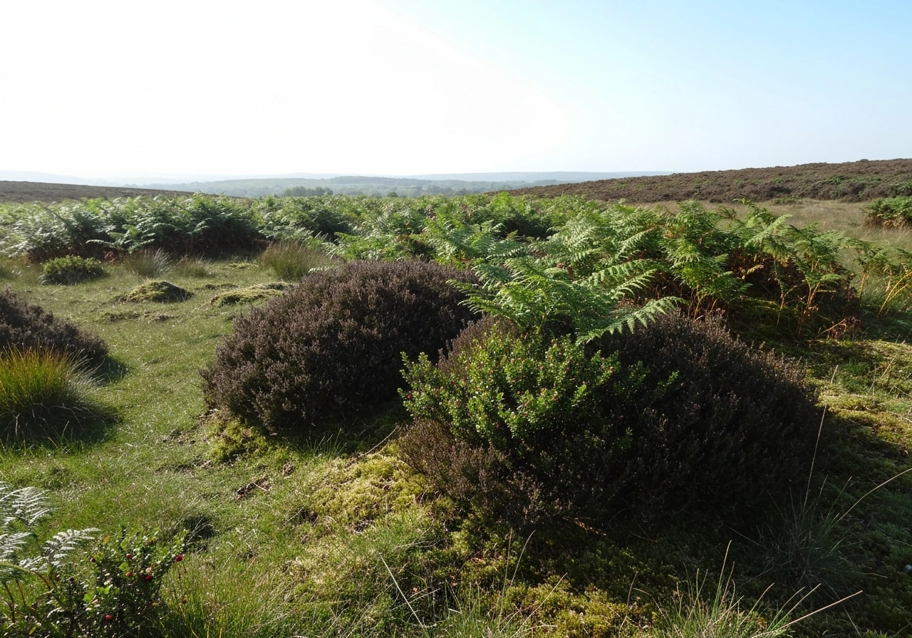 Cool temperate moorland with bracken and bilberry-like shrubs in soft seasonal sunlight