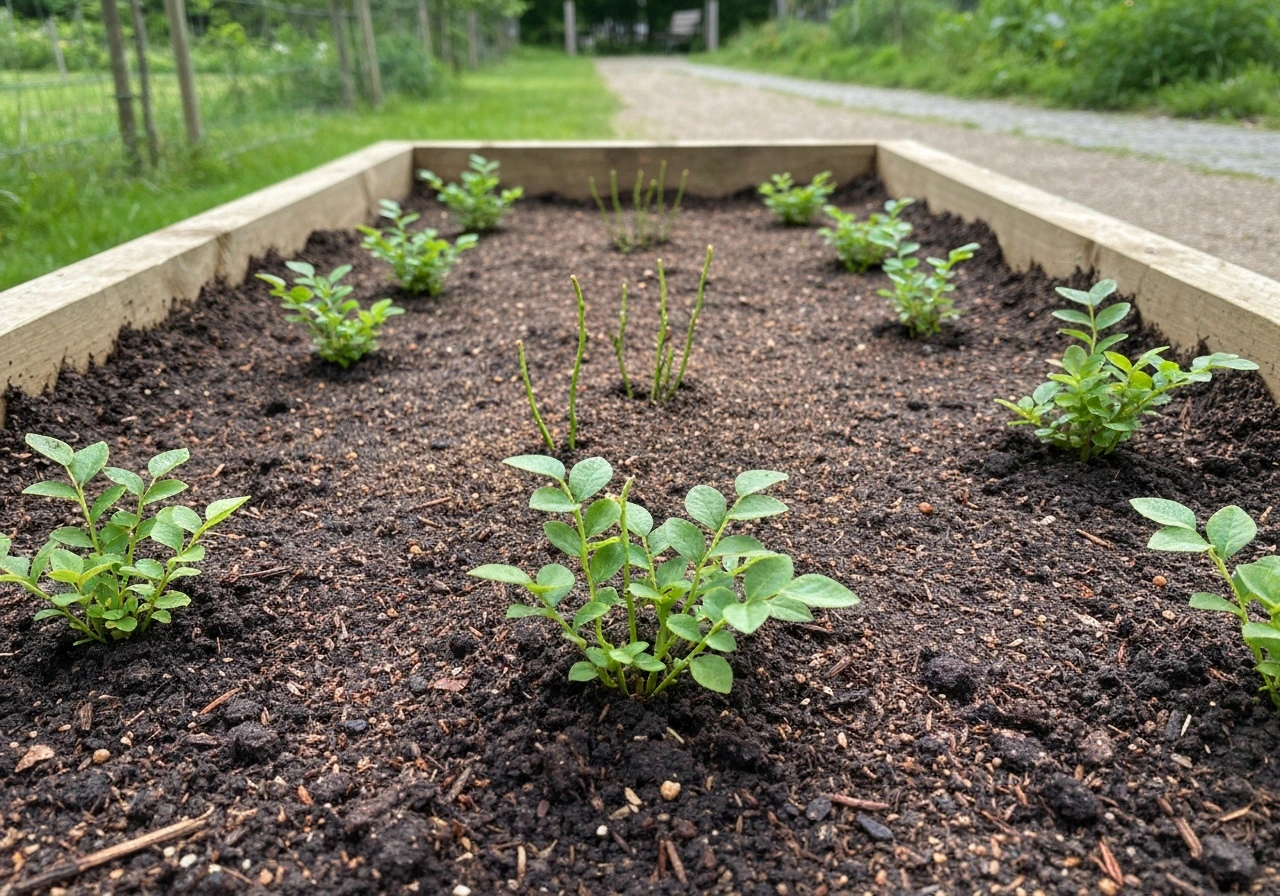 Bilberries growing in a raised garden bed with dark acidic mulch covering the soil surface.