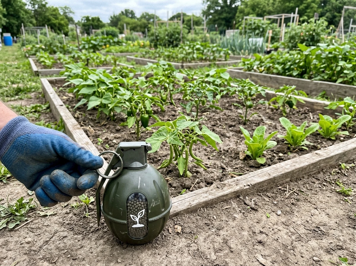 Garden crops mid-growth with a Turbo-Fert item beside the plot before fertilizing.