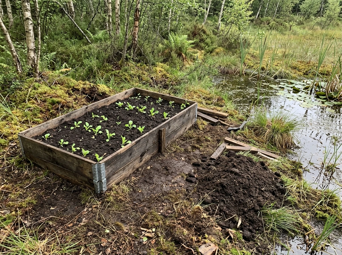 Garden Plot placed on natural, flat ground near water in a cranberry-bog style CAMP.