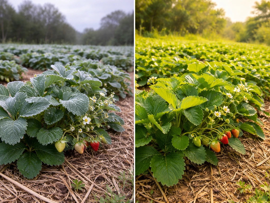 Split garden scene: frost-damp berry bed in cooler north/central vs lush warm berry bed in south Florida.