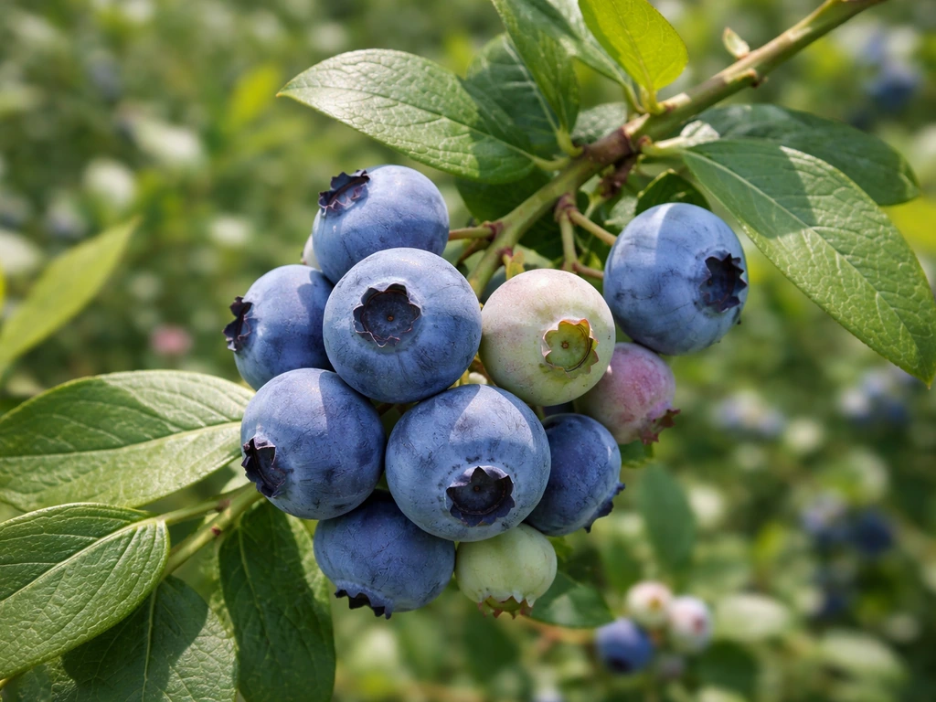 Close-up of ripening blueberries on a Florida bush with green leaves in soft focus behind