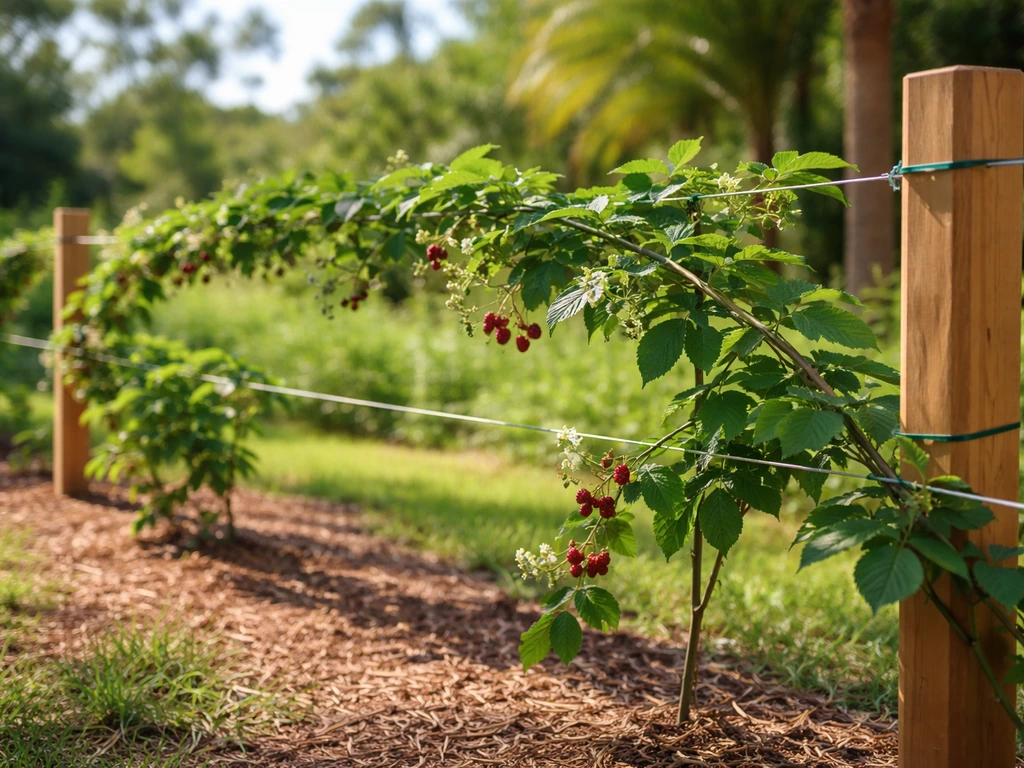 Blackberry canes arching and tied to a two-wire trellis in a simple Florida garden row.