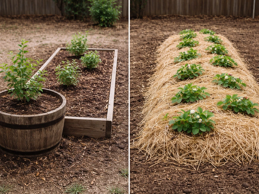 Side-by-side raised garden beds: one blueberry container with acidic mix, one strawberry mounded bed with mulch.