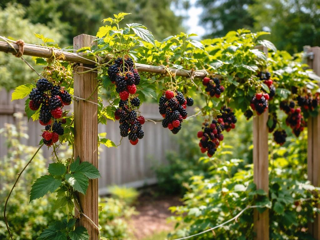 Vivid garden trellis with vine berries visibly growing on trained vines in natural sunlight.