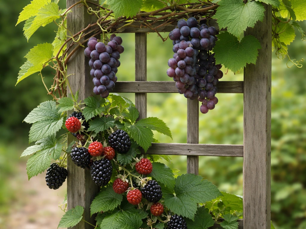 Trellised grapevine with ripe berries and a small nearby climbing berry vine in soft natural light.