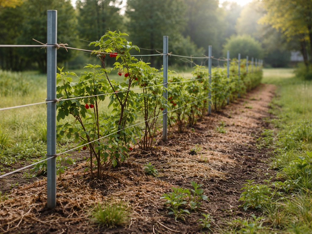 Raspberry canes trained on a simple wire trellis in a cool-climate garden with bare ground and greenery.