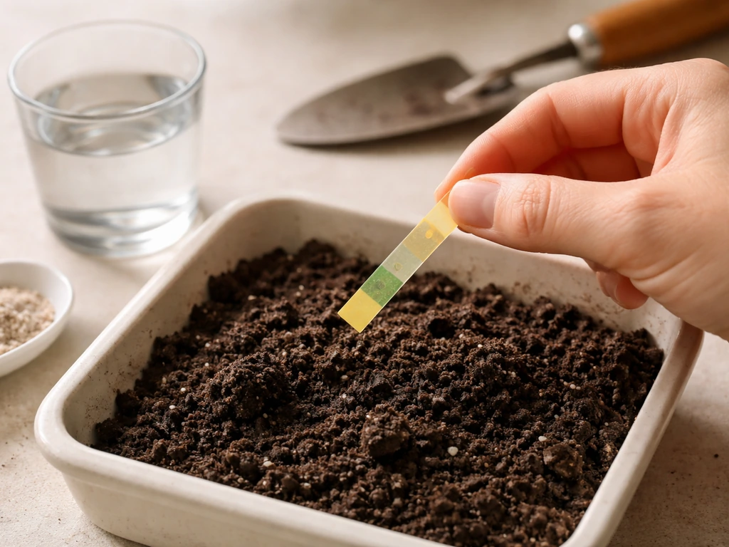 Hand holding a soil pH test strip over a small soil sample in a simple tray with gardening tools nearby.