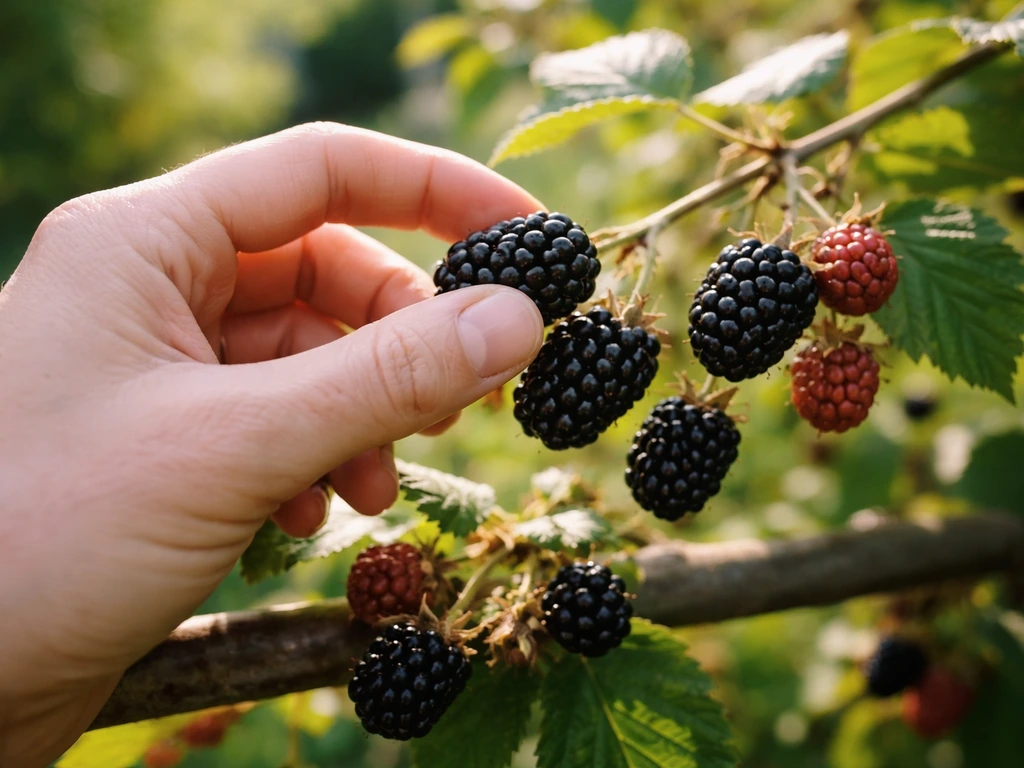 Anonymous hand picking fully ripe blackberries from a trellis; berries are deep black and pull easily.