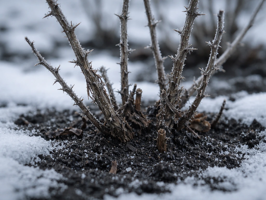 Close view of dormant gooseberry canes with frost and light snow, showing cold-hardiness in winter.