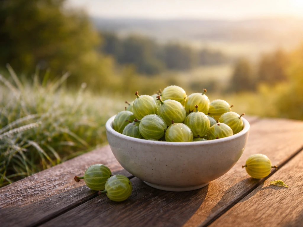 Gooseberries on a wooden table with blurred countryside in sunlight and light frost nearby.