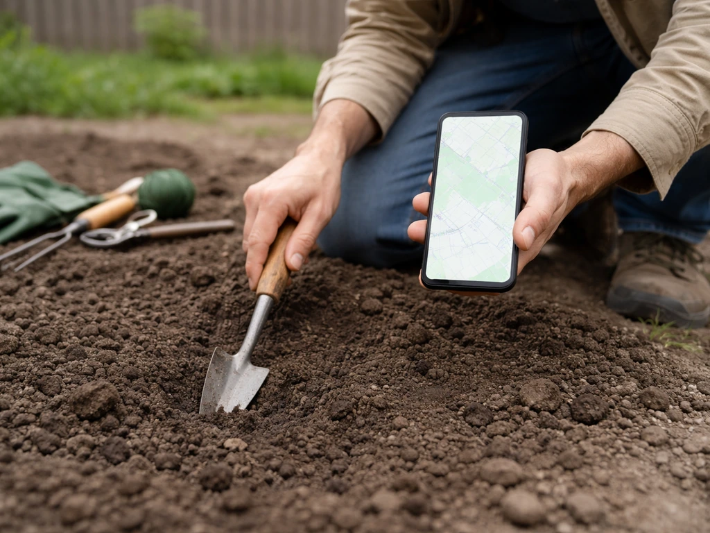 Gardener outdoors checking a hardiness zone on a phone and marking a gooseberry planting spot in the soil.