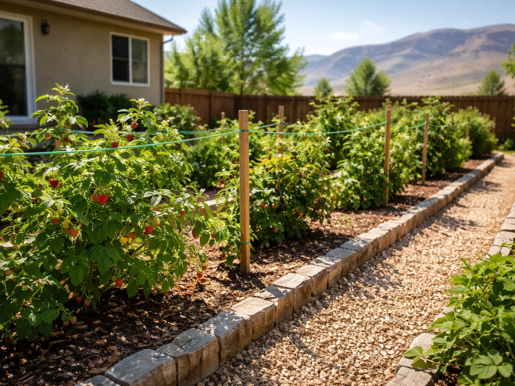 Wide view of a Utah home garden berry patch with bushes and canes in rows under bright sunlight.