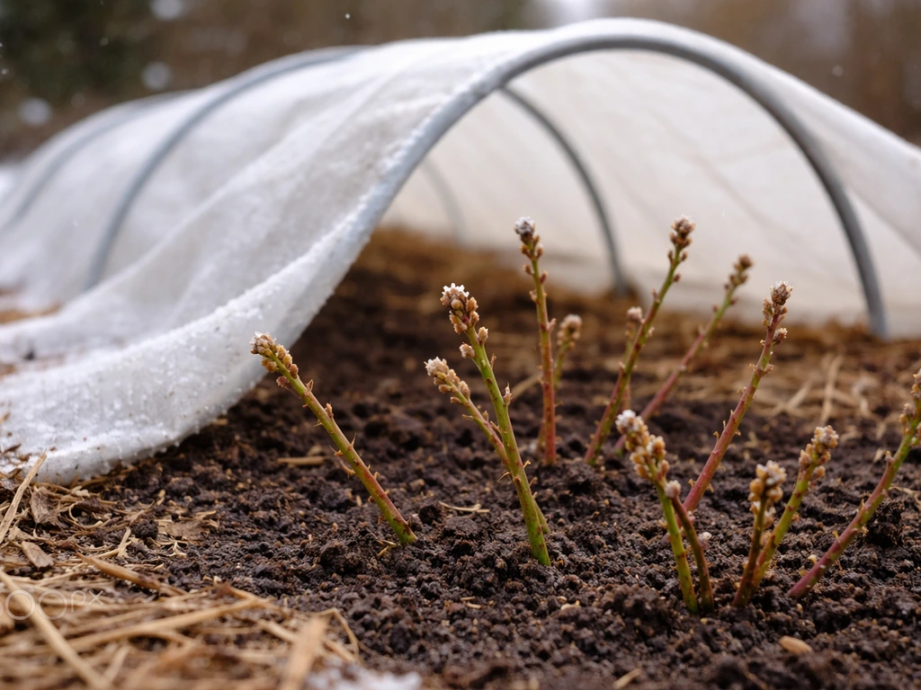 Frost-damaged berry canes on winter soil beside a loosely draped row cover to prevent hard freeze damage.