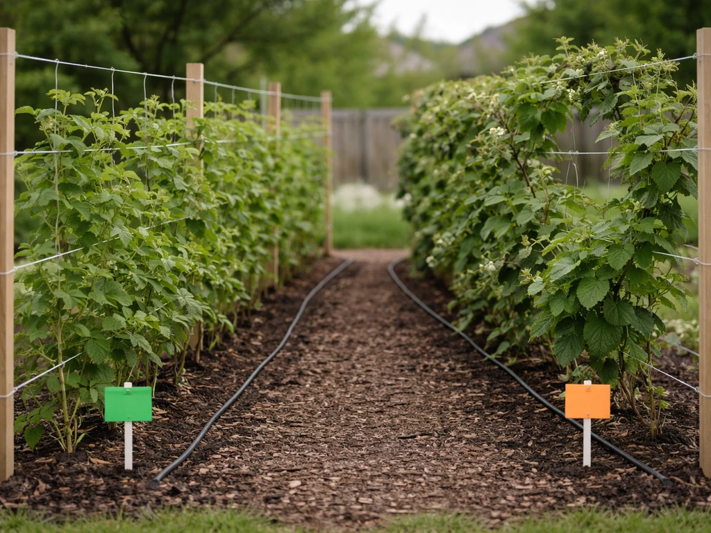 Utah berry garden row with raspberry and blackberry canes on a trellis and colored blank markers.