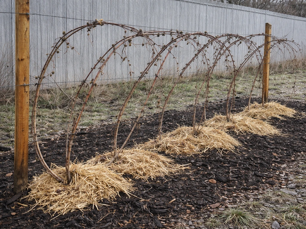 Semi-erect blackberry canes tied to simple wire supports with mulch and protective cover for winter