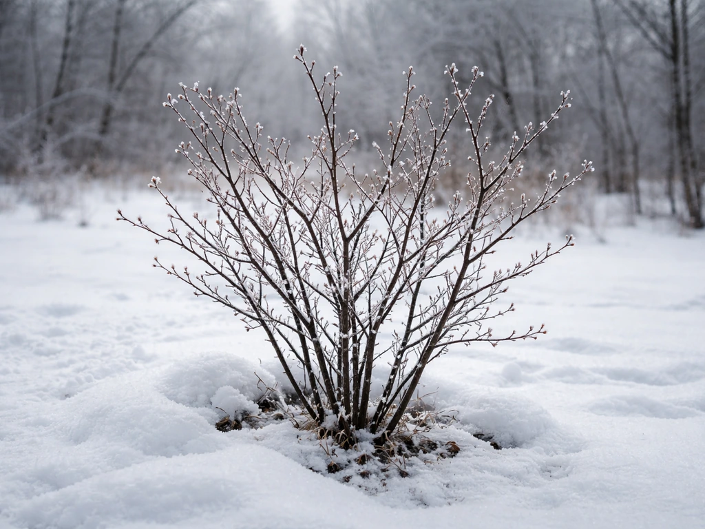 Serviceberry shrub with bare stems in snowy winter landscape, suggesting extreme cold hardiness.
