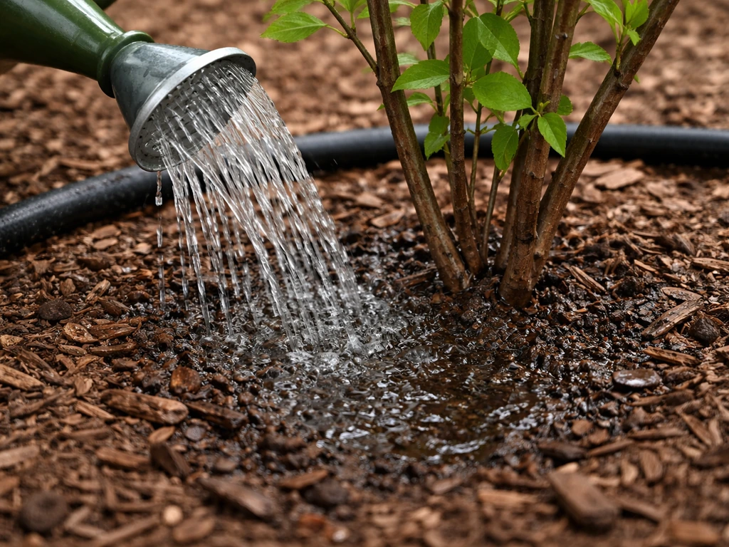 Watering can pouring onto soil and mulch at a plant base, showing moist, well-drained setup.