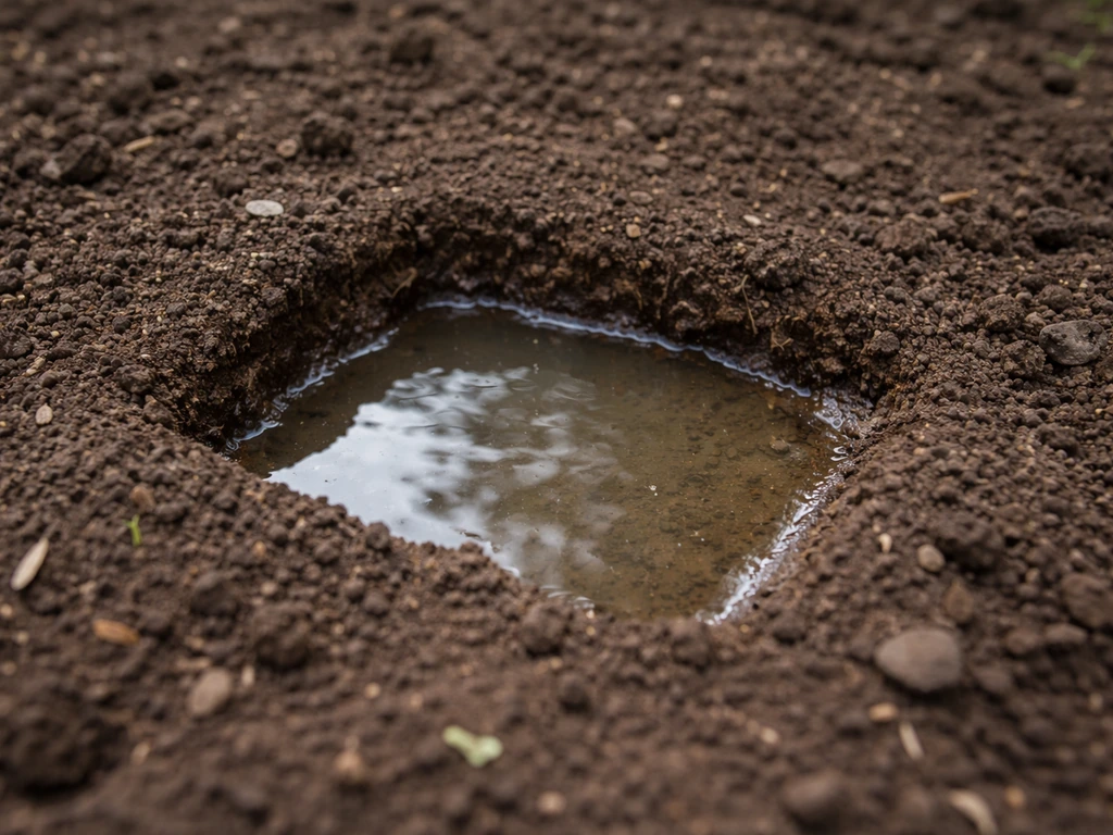 Close-up of a dug planting hole with water, showing wet edges and pooled water indicating drainage.