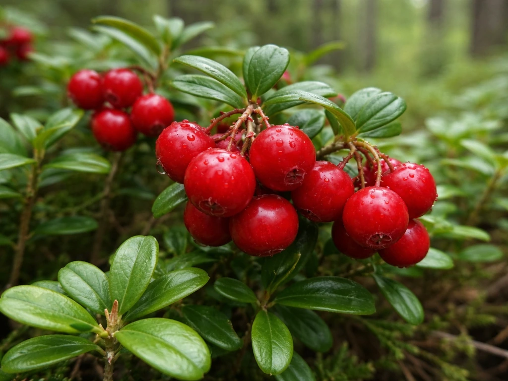 Ripe lingonberries on evergreen low stems with green foliage in a natural close-up