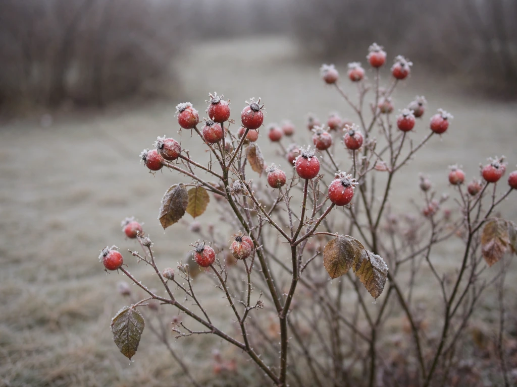 Winter rose hips clinging to canes on a frosty garden bush in soft daylight.