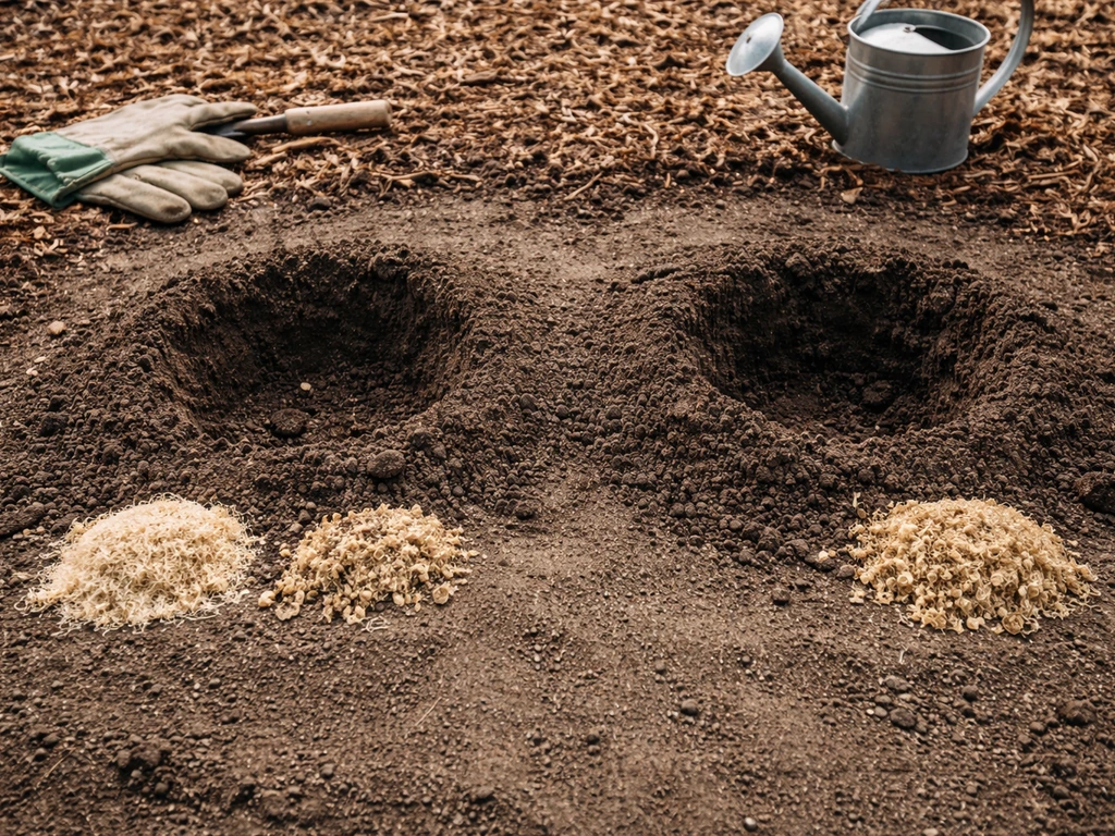 Garden tools and two planting holes with acidic soil mix and mulch for lingonberry and cranberry