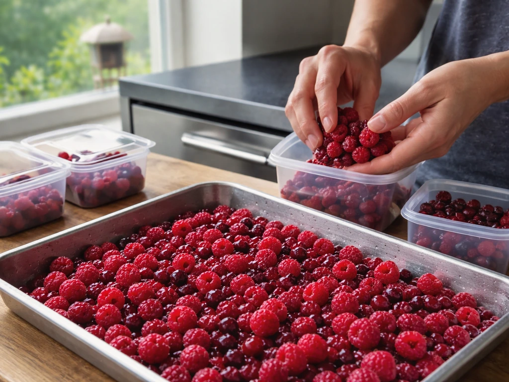 Hands prepping raspberries and lingonberries on a tray beside containers, with a window bird feeder in back