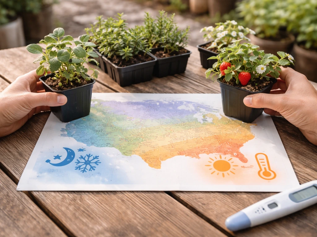 Gardener’s hands choosing berry seedlings beside an unlabeled hardiness-zone map and a thermometer.